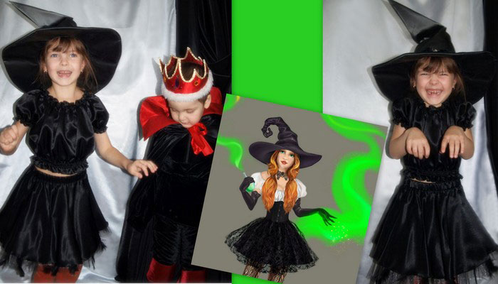 Костюм маленькой ведьмы и кощея детские фото коллаж на фоне иллюстрации