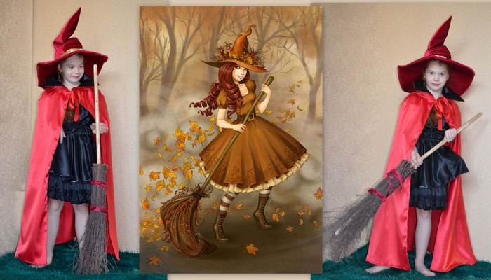 костюм колдуньи в красном карнавальный фото коллаж на фоне иллюстрации